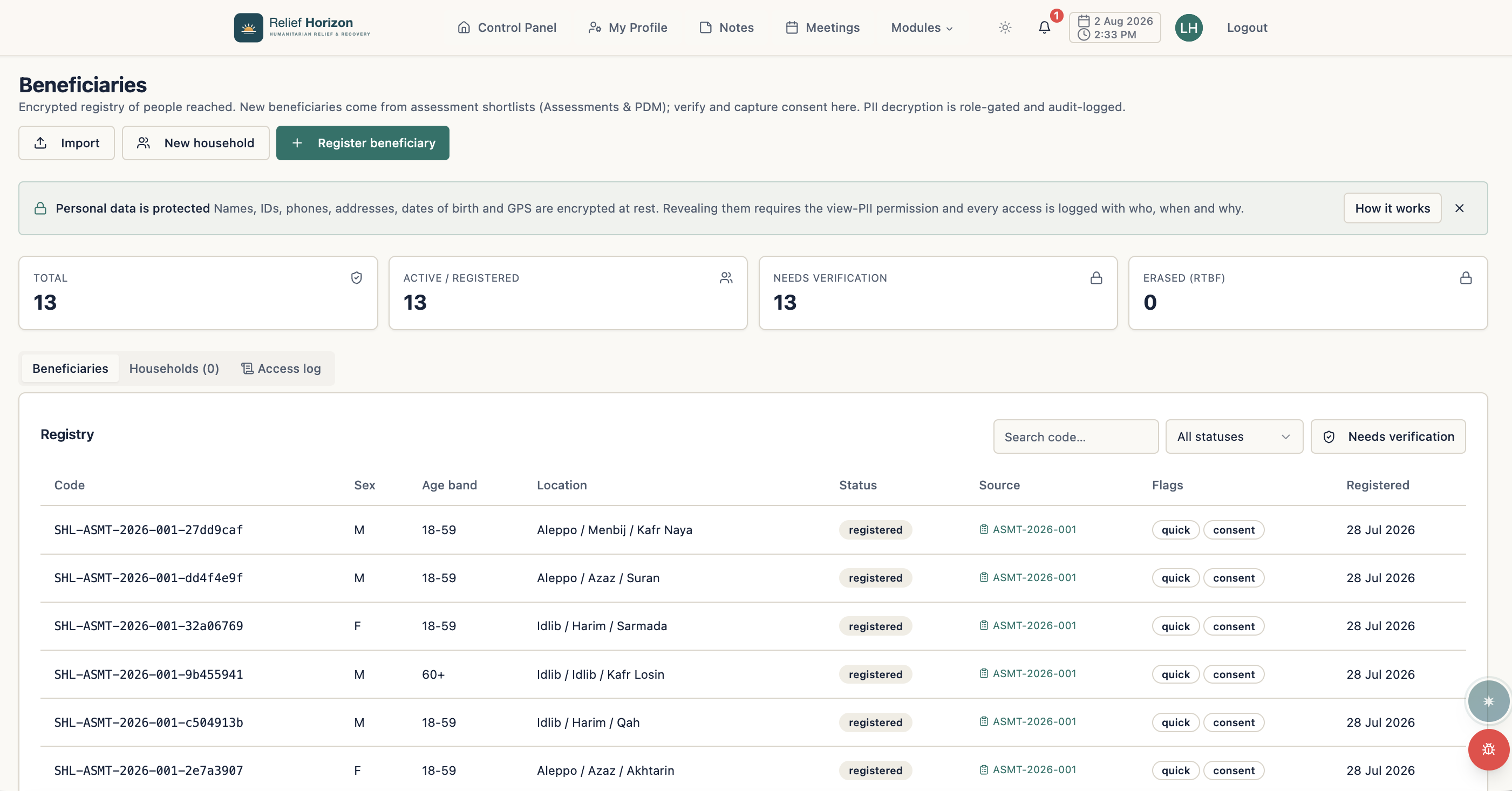 Humanitarian Ops dashboard showing beneficiary and delivery modules