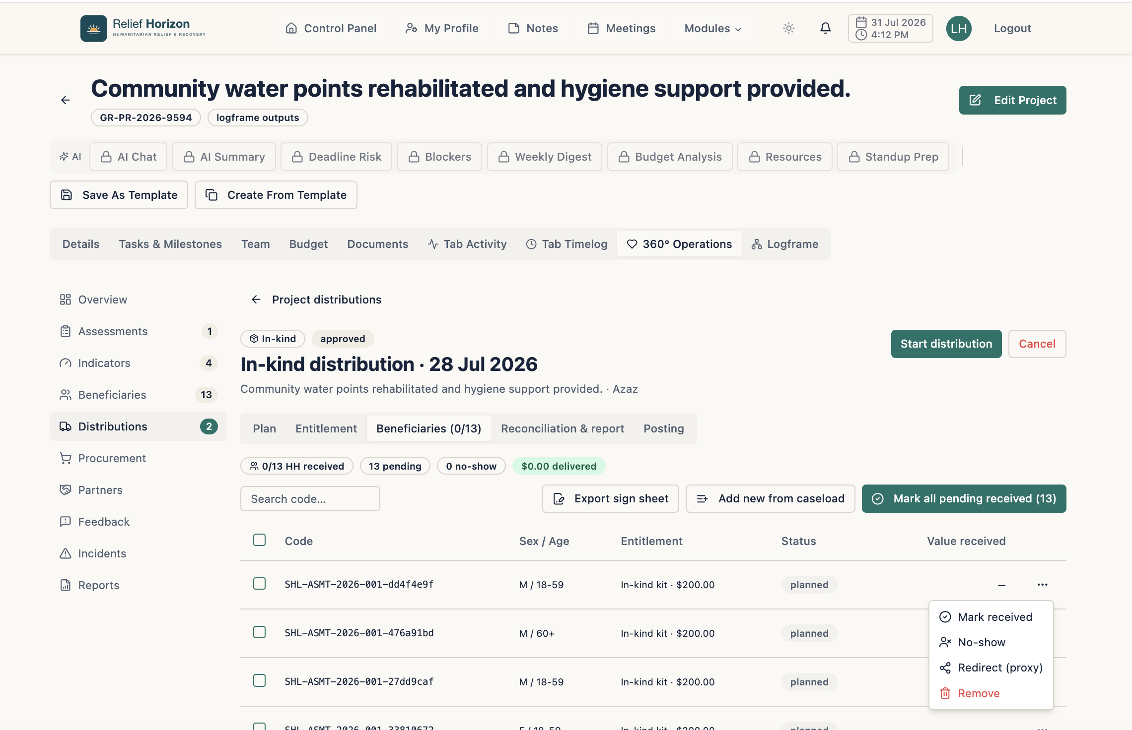 Humanitarian Ops dashboard showing grants, distributions and program indicators