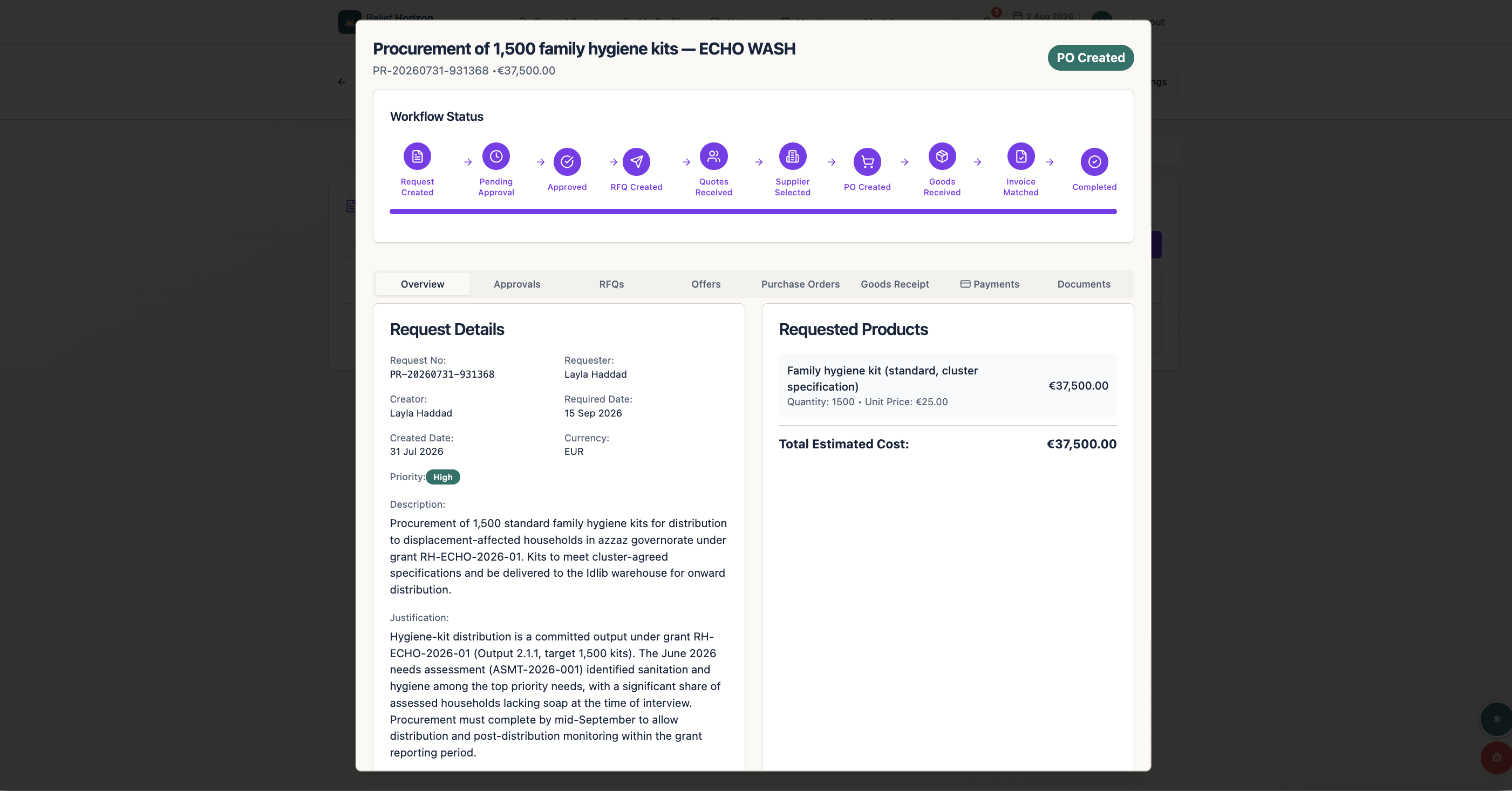 Humanitarian Ops dashboard showing grants, distributions and program indicators